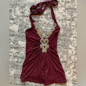 SKY BRAND Halter top - Crystal Embellishment - SPARKLY - XS - Maroon / Wine